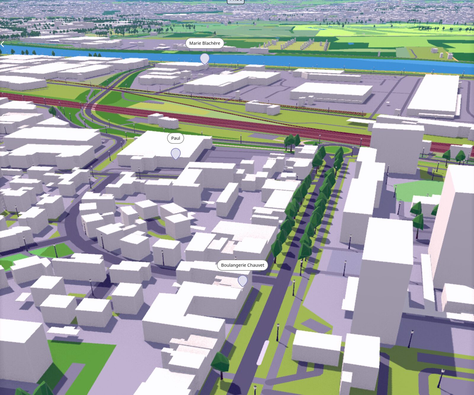 A 3D city map with named markers anchored to buildings