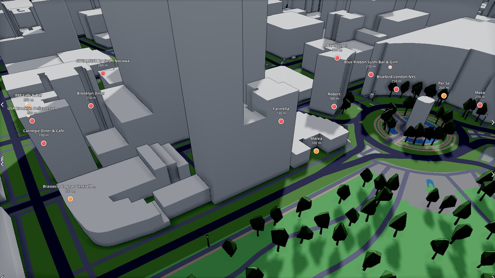 Columbus Circle in New York in 3D, with named markers anchored to buildings