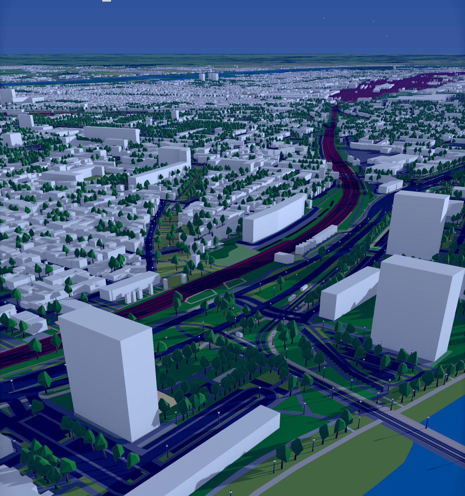 A 3D city map at night