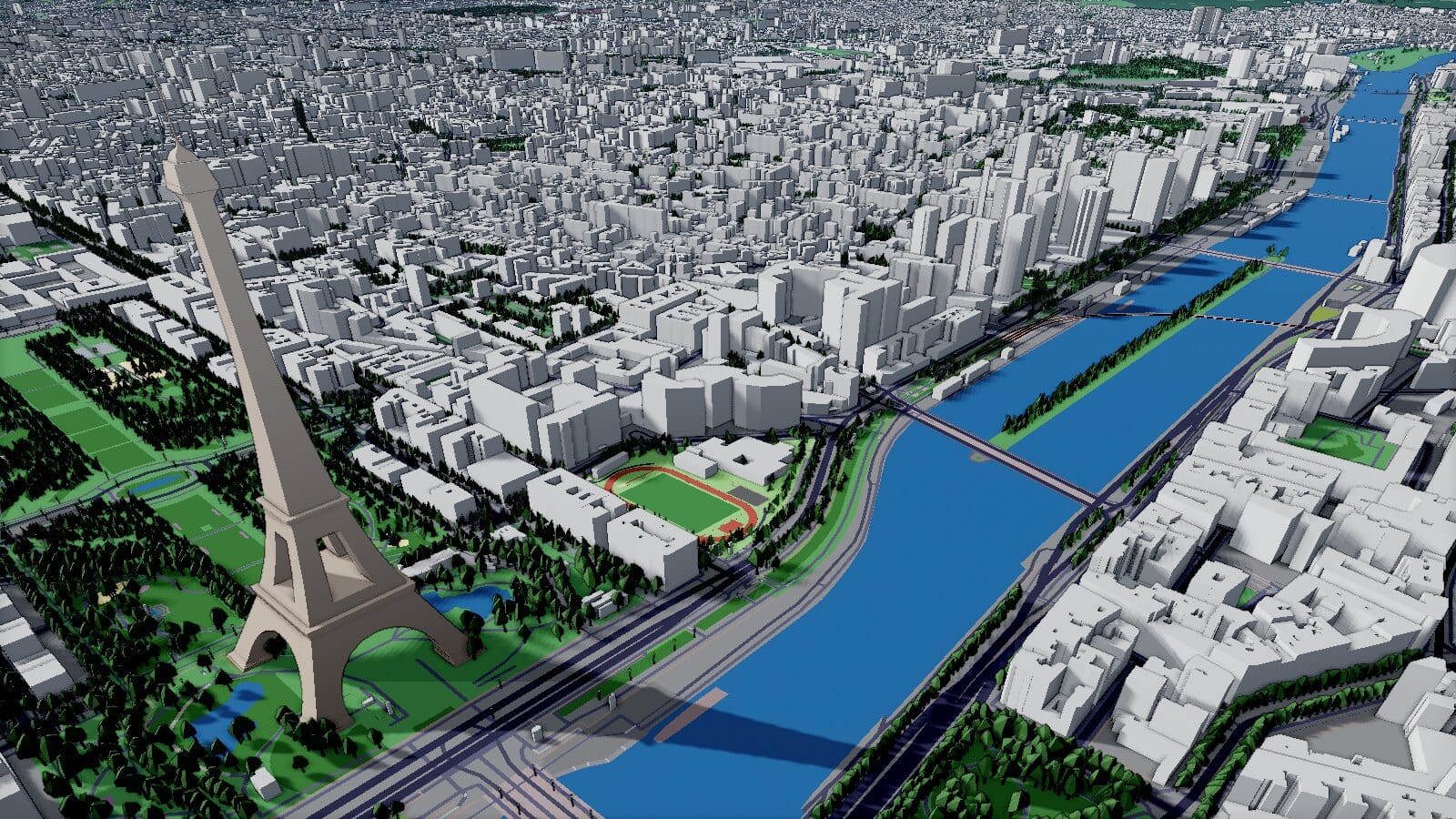 Paris in 3D, the Eiffel Tower and the Seine, rendered in the CityMap3D engine