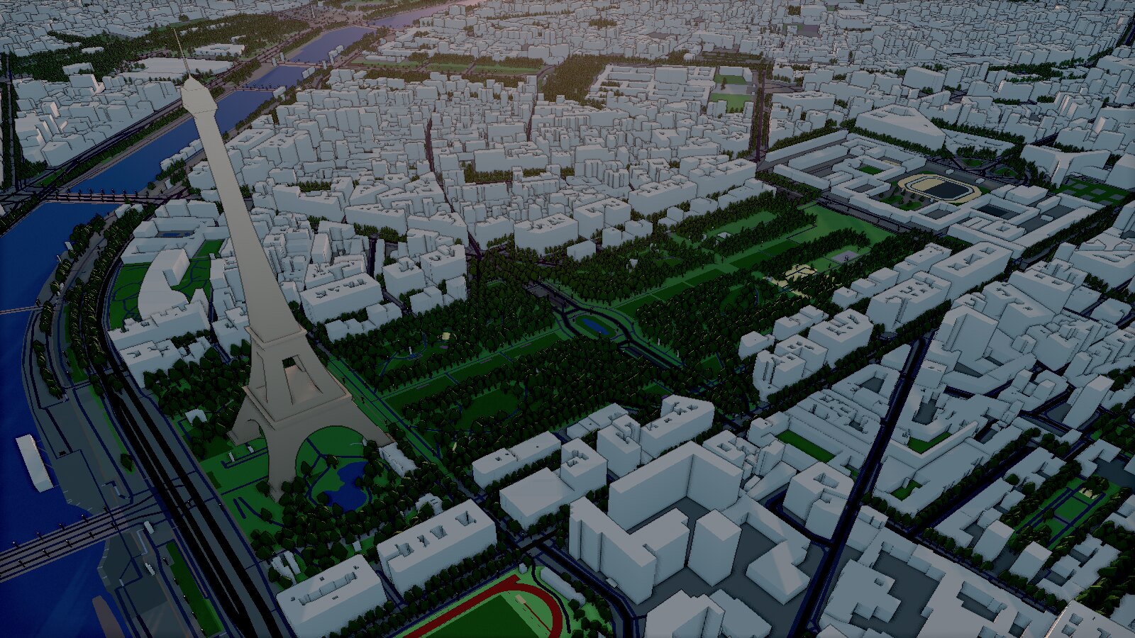Paris and the Eiffel Tower in 3D at sunrise
