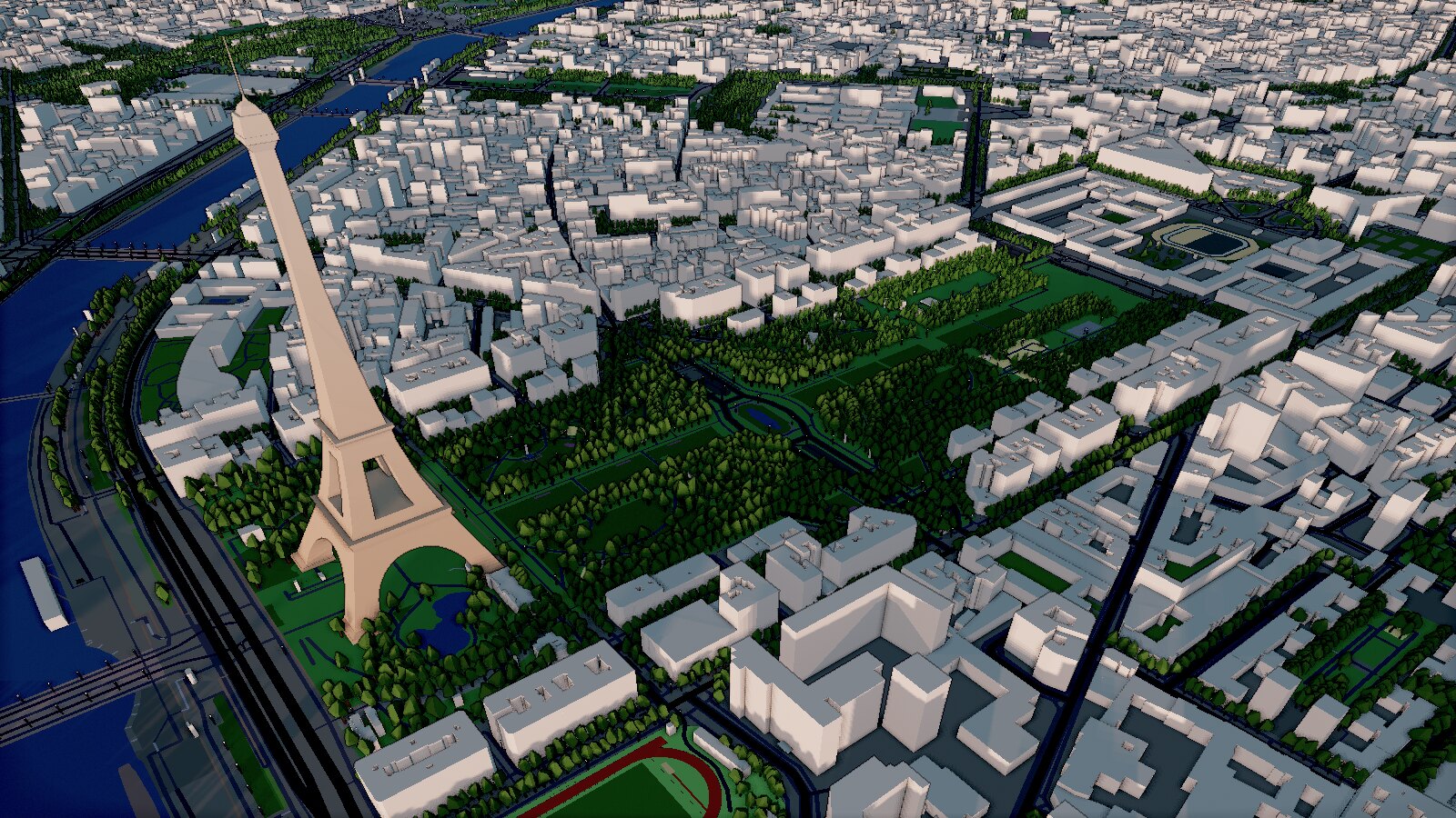 Paris and the Eiffel Tower in 3D at sunset
