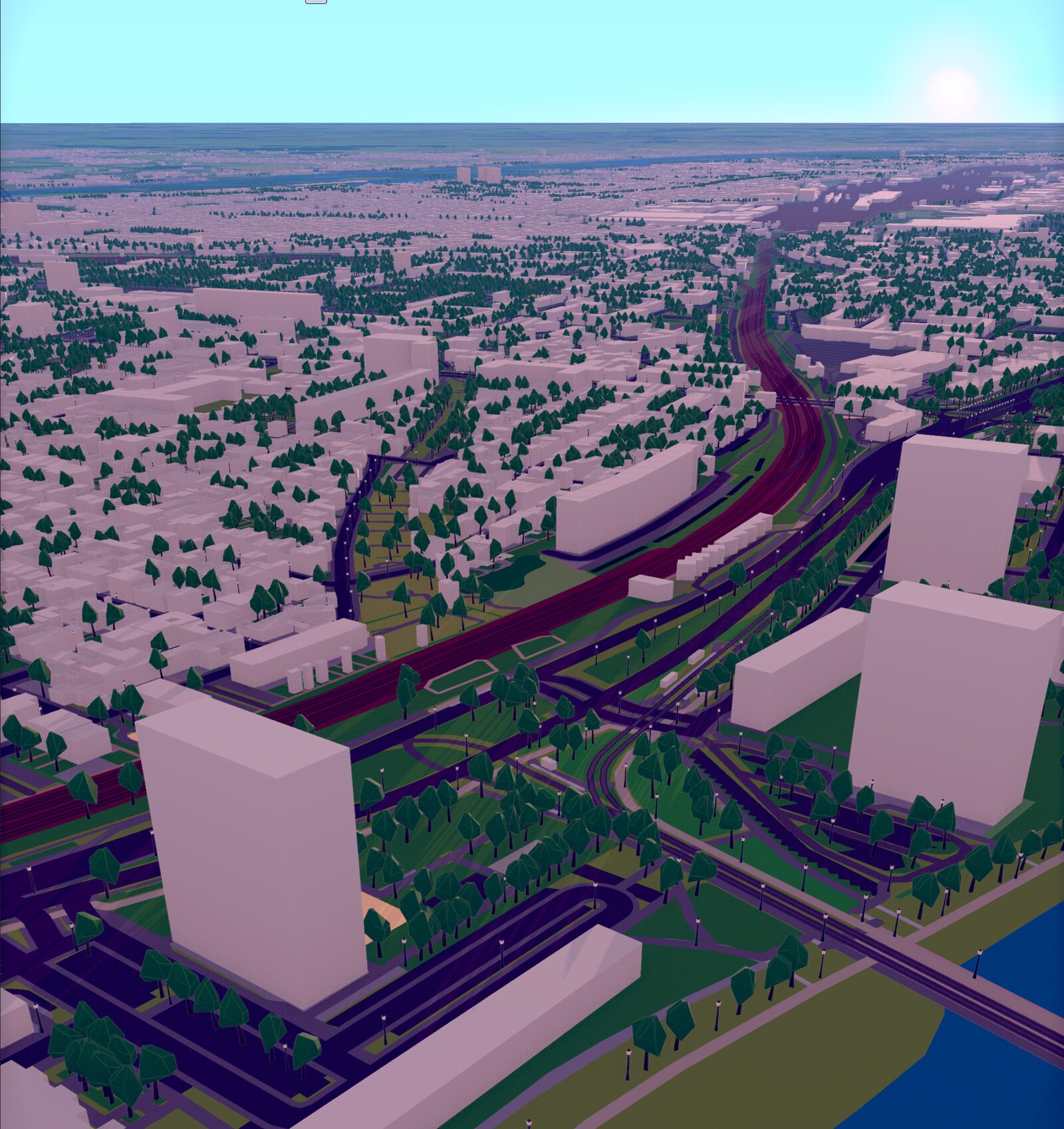 A 3D city map at sunrise