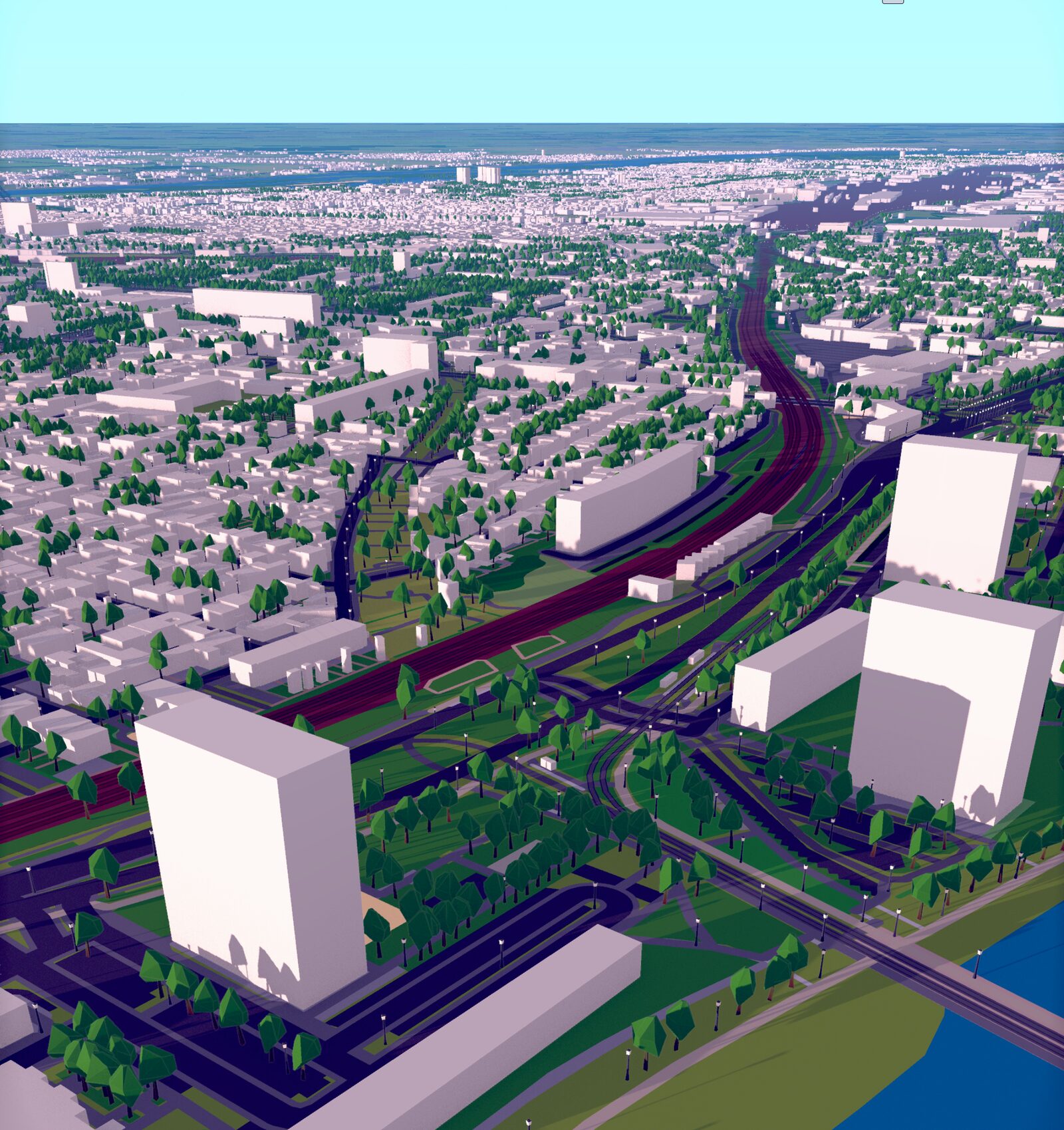 A 3D city map at sunset